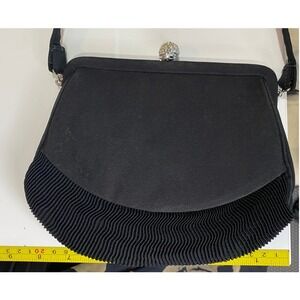 Vintage Black Pleated Clutch Purse Rhinestone Dome Clasp Gold Lining Evening Bag